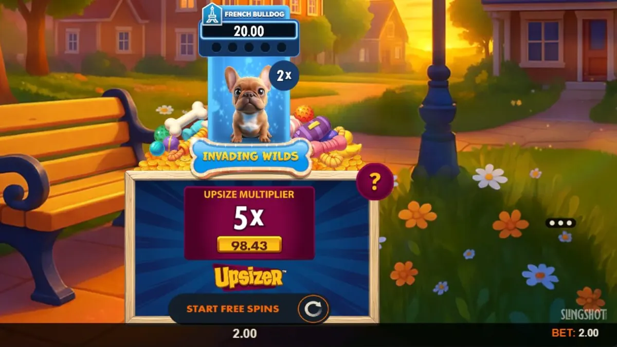 Tampilan antarmuka permainan slot Paw Pack Assembl’Em dengan karakter anjing kartun