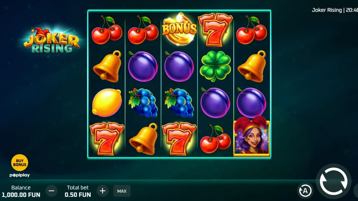 Tampilan visual slot Joker Rising dengan simbol buah dan karakter Joker